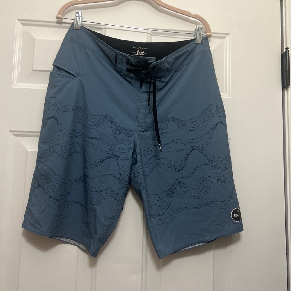 Lost Men Shorts 32 Blue Swimwear Geometric Board Shorts Gorpcore Logo 11" Inseam